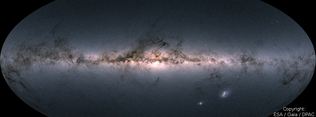 Gaia's all-sky view of our Milky Way Galaxy and neighbouring galaxies.