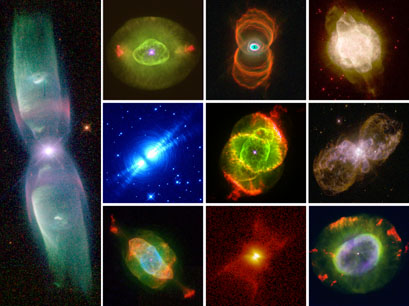 A montage of pre- and true planetary nebulæ made with the Hubble Space Telescope;  Credits: Bruce Balick, Howard Bond, Raghvendra Sahai, their collaborators, and NASA. From left to right: M2-9, NGC 6826, Hourglass Nebula, NGC 3918, Egg Nebula, Cat's Eye Nebula, Hubble 5, NGC 7009, Red Rectangle, NGC 7662.